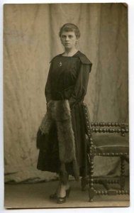 258474 Russia girl MARUSYA w/ fur 1920 year photo postcard