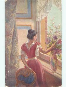 Pre-Linen foreign signed PRETTY GIRL ARRANGES FLOWERS IN ANTIQUE VASE J4603