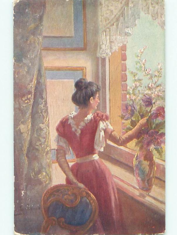 Pre-Linen foreign signed PRETTY GIRL ARRANGES FLOWERS IN ANTIQUE VASE J4603