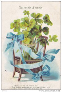 Souvenir d'amitie, Shamrocks, blue bow and ribbon,  PU-1905