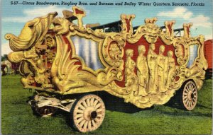 Vtg 1940s Ringling Bros & Barnum Bailey Circus Bandwagon Sarasota FL Postcard