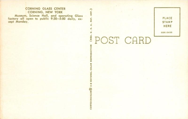 CORNING NEW YORK GLASS CENTER~MUSEUM~SCIENCE HALL~FACTORY POSTCARD c1960s
