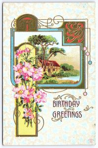 Vintage Postcard Happy Birthday Greetings Card Countryside House Nature Flowers