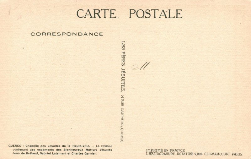 Vintage Postcard 1920's Quebec Chapiele Des Jesuites De La Haute Ville la Chasse