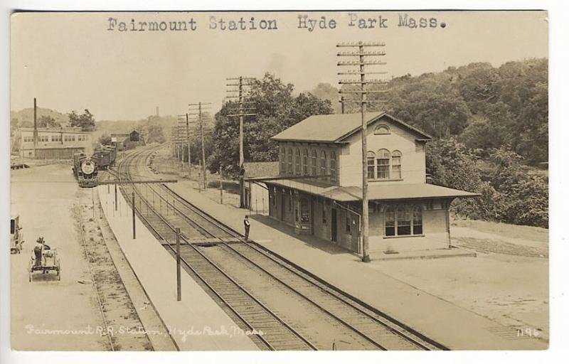 Hyde Park MA Fairmont Railroad Station Train Depot RPPC Real Photo Postcard