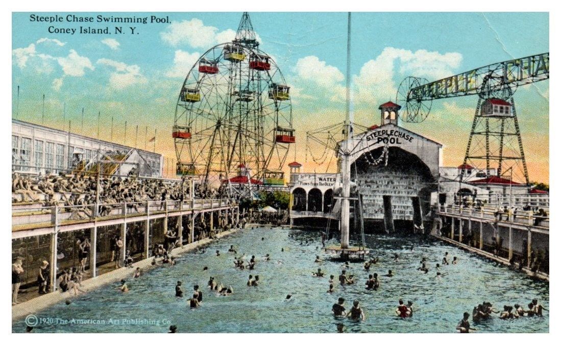 Early 1900s Steeple Chase Swimming Pool & Ferris Wheel, Coney Island NY ...