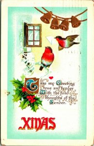 Gilt Bells Sparrow Window Icicle Holly Poem Xmas Christmas BB London Postcard C4