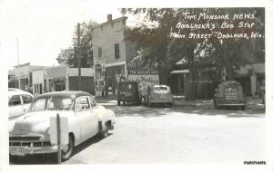 Autos Bus Stop 1958 Onalaska Wisconsin Monsoor News Main RPPC postcard 11777