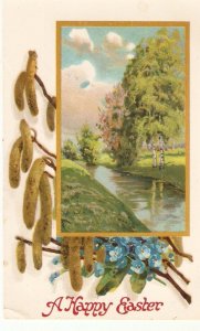 Landscape with river, flowers Old vintage German Easter Greetings postcard