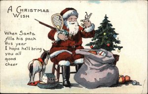 Christmas Santa Claus Toy Bag Rocking Horse c1900s-20s Postcard