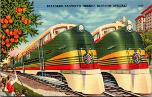 Linen Postcard Seaboard Railways Orange Blossom Specials Pullman Train Florida