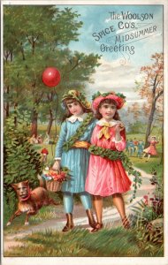 Trade Card - Woolson Spice Midsummer Greeting Girls in Park