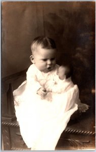Infant Photograph Sitting On Wooden Chair Baby Girl Postcard
