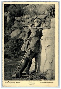 c1940's Old Man Playing Flute Walking Baston Picturesque Athens Greece Postcard