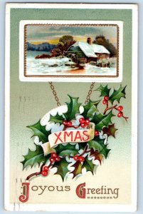Christmas Postcard Greeting Holly Berries Mill Winter Scene Clapsaddle Fargo ND