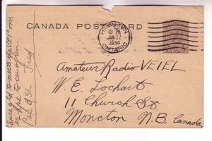 Canadian Postal Stationery George V Brown, Used 1934, New Brunswick, QSL