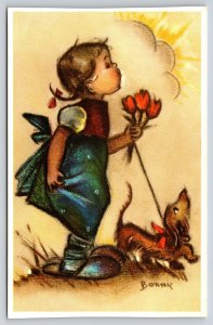 Artist Bonnie~Girl & Dog Pick Flowers~Watch Sun Appear~# Mainzer~1950s Belgium