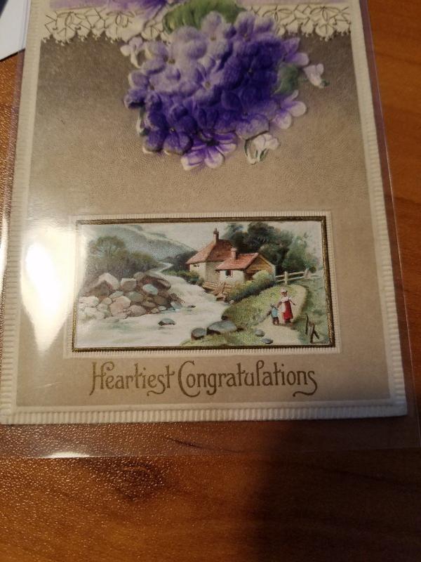 Antique Heartiest Congratulations Postcard - Heavily Embossed and with Velvet 