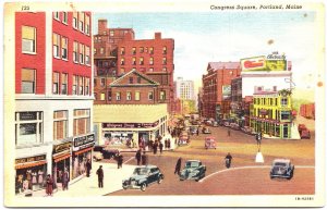 VINTAGE POSTCARD STREET SCENE ON CONGRESS SQUARE AT PORTLAND MAINE 1930s