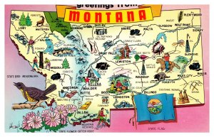 Postcard MAP MT - Greetings from Montana State Bird Flower Flag