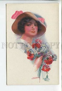 433919 FASHION Charming Lady Carnations Flowers by USABAL Vintage ERKAL postcard