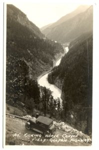 RPPC Postcard Kicking Horse Canyon Field Golden Highway Antique Car Canada