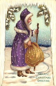 Christmas Santa Claus Purple Robed White Border Hiking Embossed Postcard