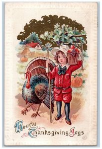 c1910's Thanksgiving Joys Boy With Fruits Basket Turkey Embossed Posted Postcard 
