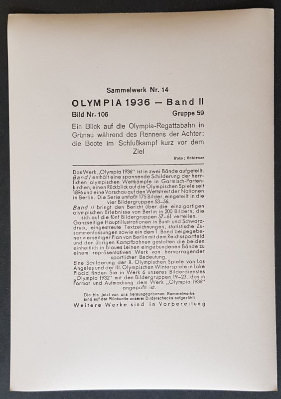 RARE LARGE FORMAT COLLECTOR PHOTO CARD 1936 BERLIN OLYMPICS - ROWING EIGHTS