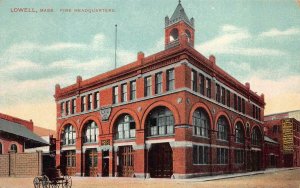 FIRE HEADQUARTERS LOWELL MASSACHUSETTS POSTCARD (c. 1910)