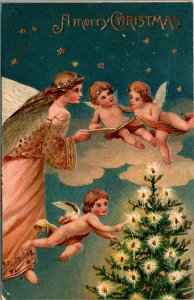 Antique 1908 Embossed Christmas Postcard Angels & Tree Made in Germany