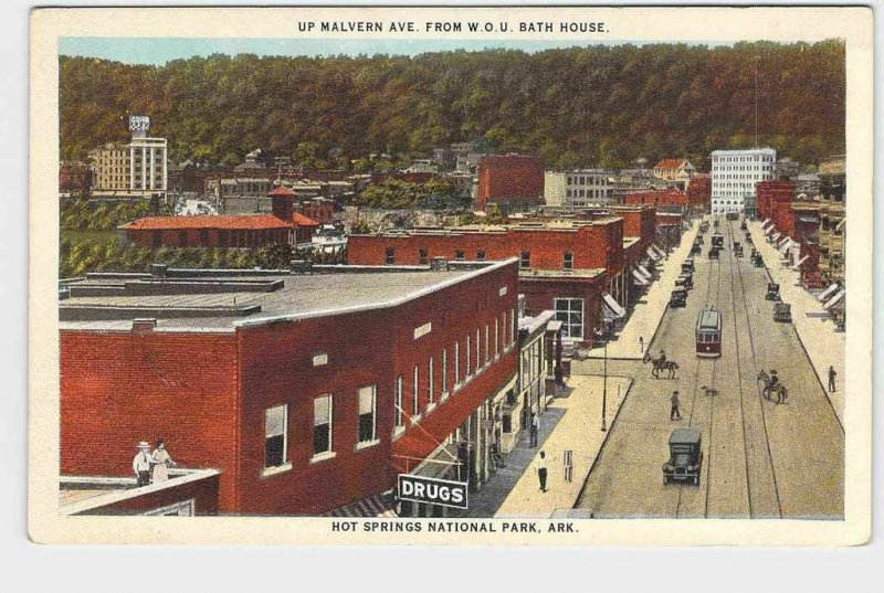 PPC POSTCARD ARKANSAS HOT SPRINGS NATIONAL PARK UP MALVERN AVE FROM W.O.U. BATH 