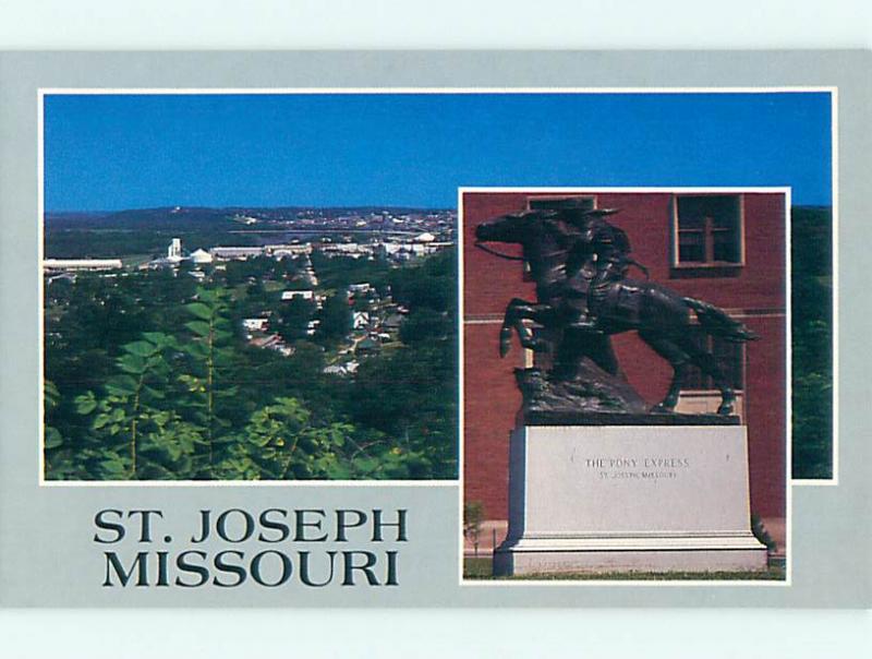 Unused 1980's HORSE - PONY EXPRESS STATUE & TOWN VIEW St. Saint Joseph MO v5281