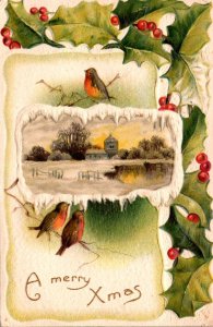 Christmas With Winter Scene and Holly 1911
