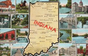 Vintage Postcard Map Of Indiana And Its Historical Landmarks & Buildings