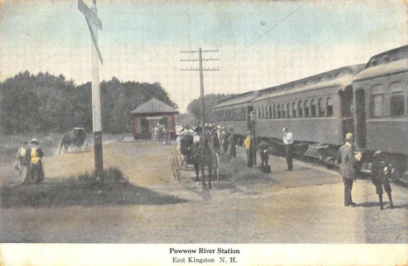 East Kingston NH Powwow River B&M Busy Railroad Station Train Depot Postcard