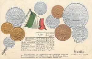 Embossed coinage national flag & coins vintage postcard currency Mexico pesos 