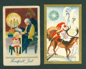 Finland. 2 Christmas Card. Vintage.1930-1960s. Santa, Deer. Mother Reading Child