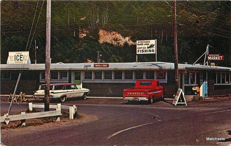 1960's Stockade Tackle Shop WINCHESTER BAY OREGON Truck auto postcard 6802