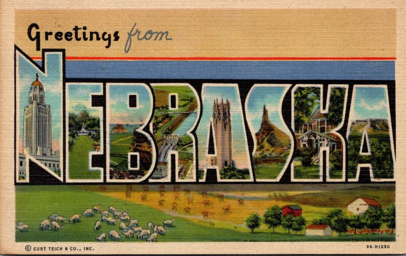 Nnebraska Greetings Large Letter Linen Curteich