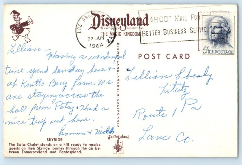 c1964 Los Angeles California CA Vintage Postcard Skyride Swiss Chalet Posted