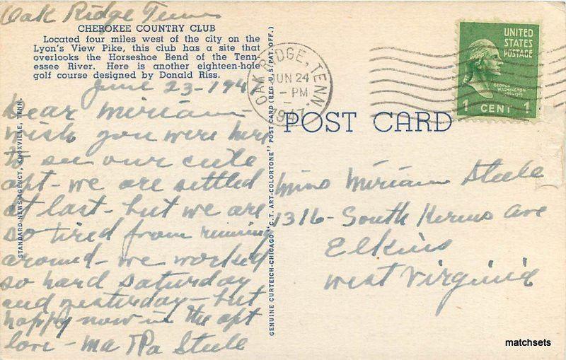 1947 Cherokee Country Club Knoxville Tennessee Standard News postcard 7377 