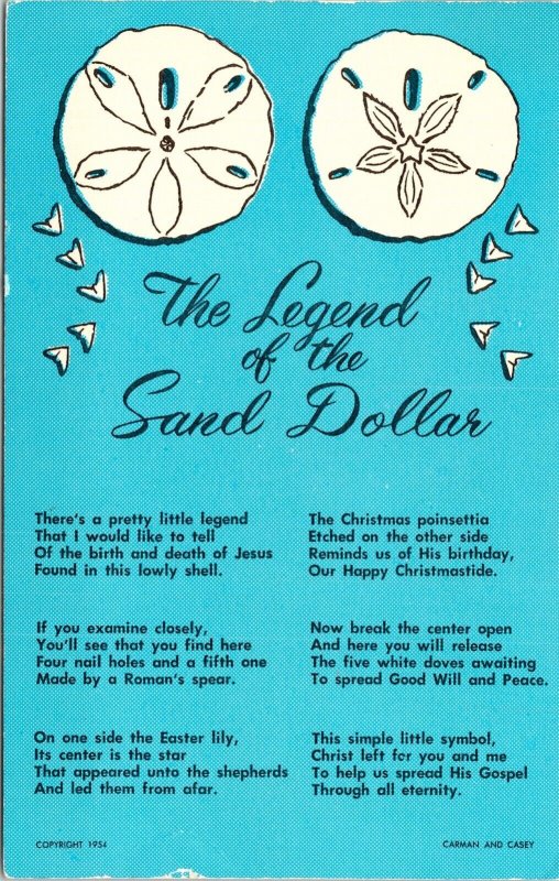 Legend Sand Dollar Poem Copyright 1954 Carman Casey Poet Postcard Unused UNP 