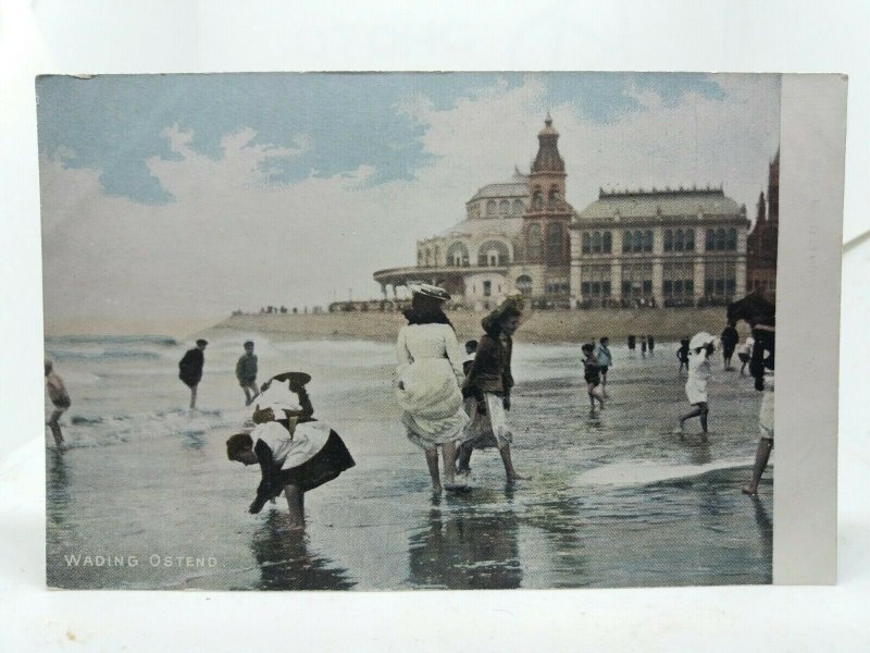 Children Wading in the Sea Ostend Belgium Vintage Antique Postcard 1907