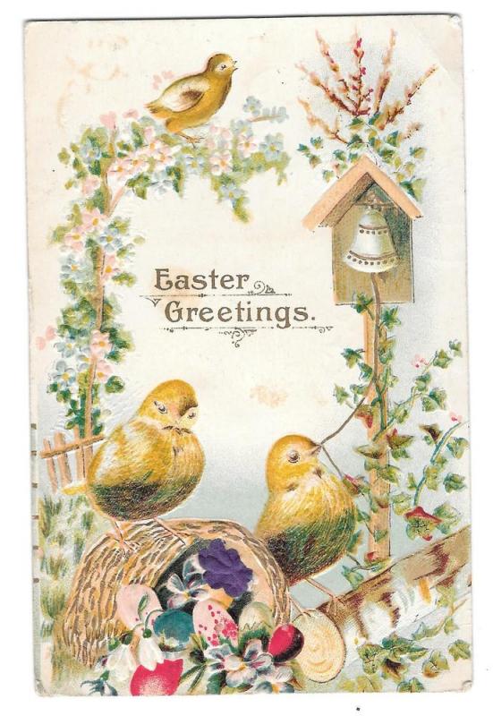 Easter Greetings Chicks Ringing Bell Silk Flower Postcard