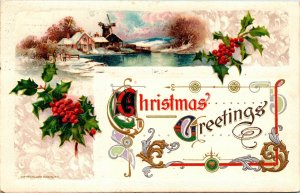 Vintage 1910 John Winsch House, Lake & Windmill Antique Christmas Postcard