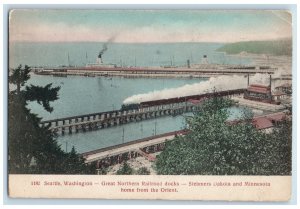 c1910 Great Northern Railroad Docks, Steamers Dakota and MN Seattle WA Postcard