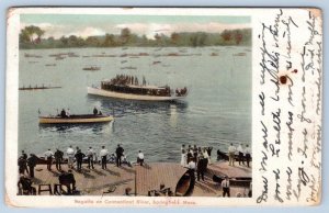 1910 REGATTA ON CONNECTICUT RIVER SPRINGFIELD MA BOATS PEOPLE ON DOCK POSTCARD