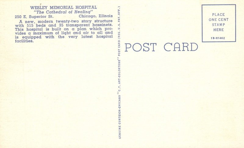 Vintage Postcard Wesley Memorial Hospital Cathedral of Healing Chicago Illinois