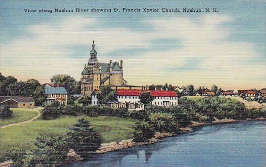 View Along Nashua River Showing Saint Francis Xavier Church Nashua New Hampshire